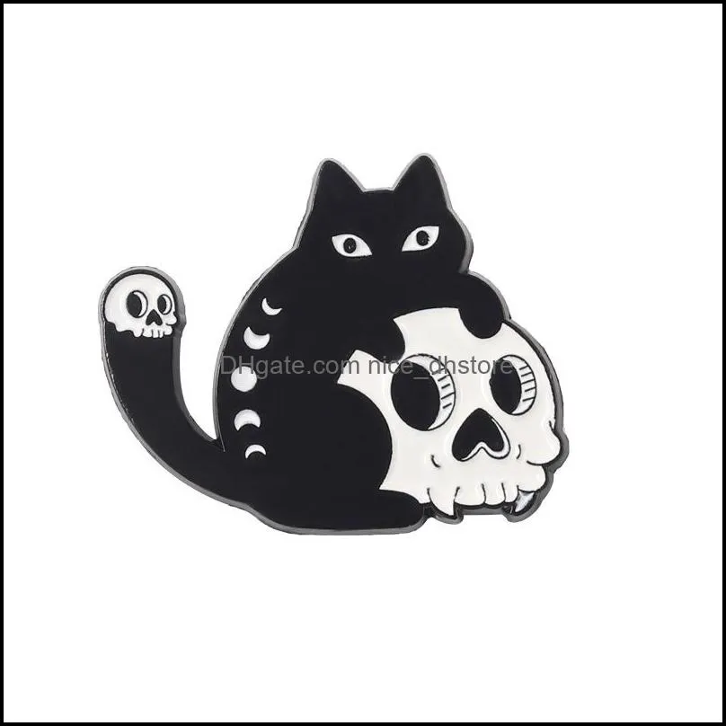 gothic cat enamel pin skull skeleton witch cats badge brooch lapel pins denim jeans shirt bag punk jewelry gift for friends