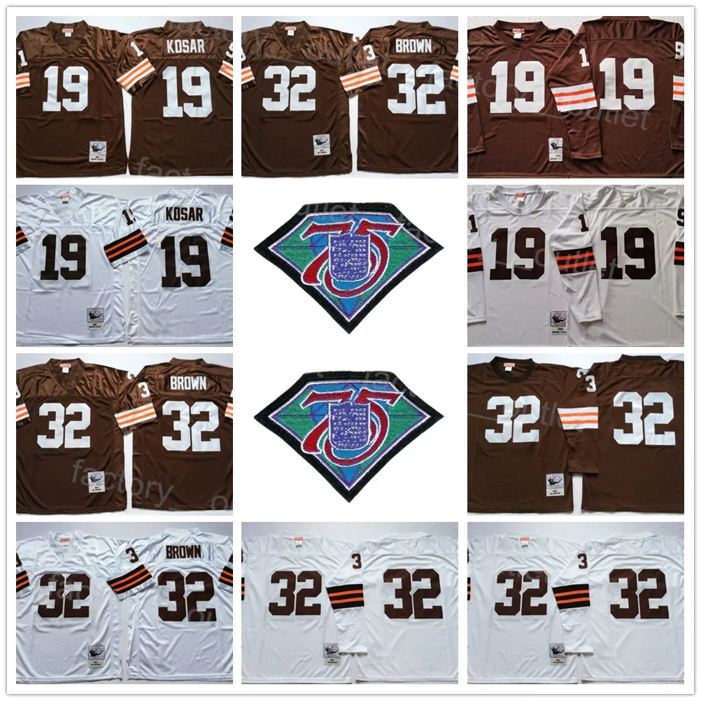 Futbol Formaları Uzun Kollu Gerileme Futbol 75. Yıldönümü 19 Bernie Kosar Jersey 1964 1986 Vintage 32 Jim Brown Mitchell ve Ness Takımı Kahverengi Renk Beyaz Stitc