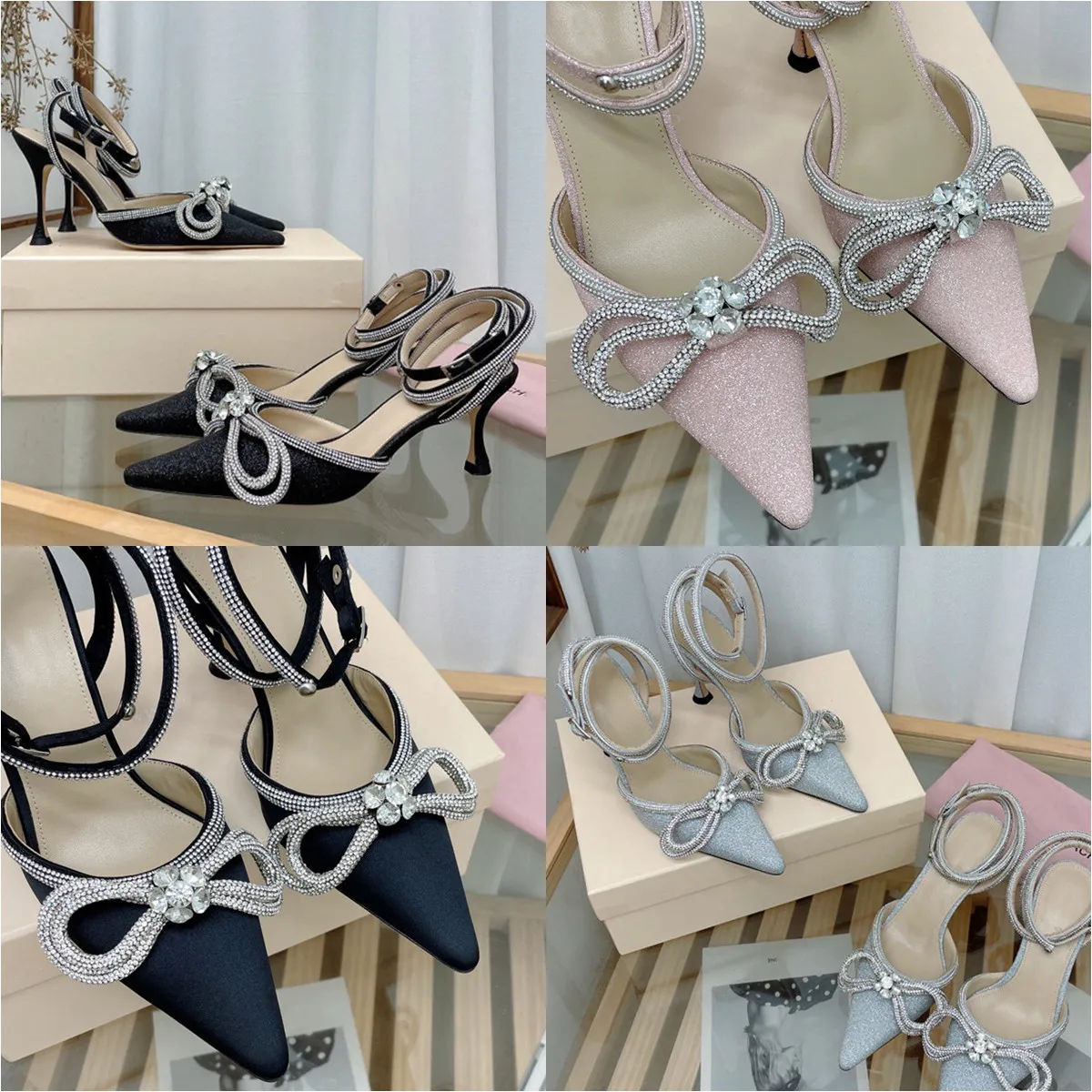 Sandalias de tacón alto para mujer Sandalias de satén nacarado Zapatos de vestir con lazo de moda Diamante de imitación de cristal Zapato de noche tacón de aguja Correa de tobillo Sandalia de fiesta de diseñador