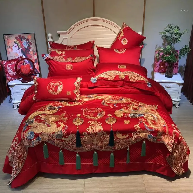 Ensembles de literie Luxe chinois mariage coton égyptien ensemble Loong Phoenix broderie gland housse de couette linge de lit couvre-lit taies d'oreiller