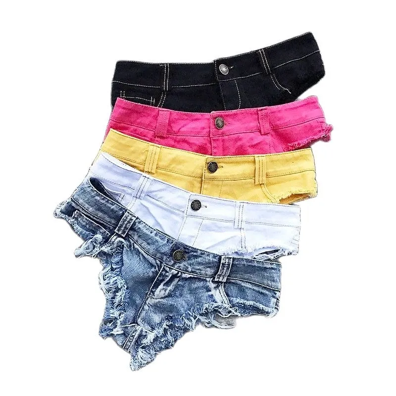 Women Sexy Low Waist Hole Tassel Denim Shorts Jeans Thong Short Feminino W220326