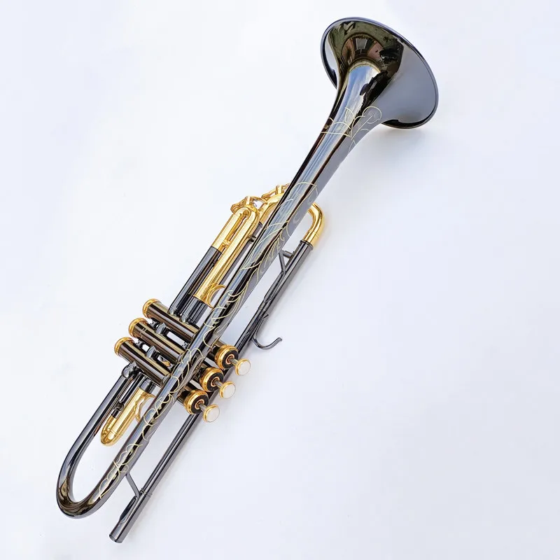 Trompette Bb B, Instrument professionnel en Nickel noir et or avec housse en cuir