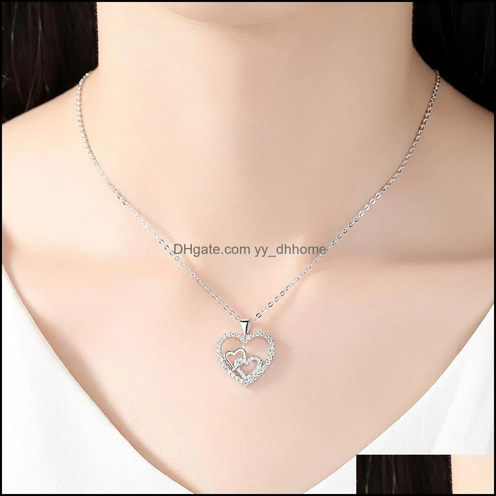 Fashion Rose Gold Crystal Zircon Double Heart Pendant Luxury Jewelry Love heart Necklace Valentine`s Day Wedding Jewelry