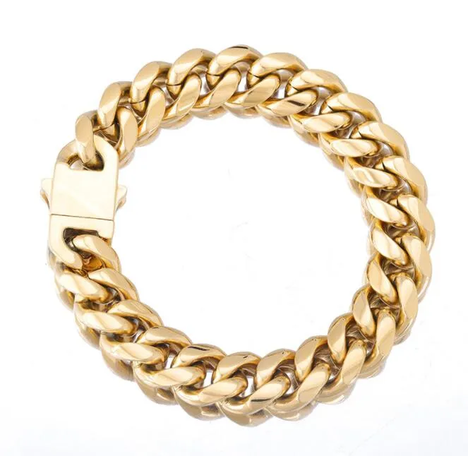 14k Golden Hip Hop Fashion Chains Men's Domineering 14mm Smooth Button Cuban Chain 8 Inches Armband