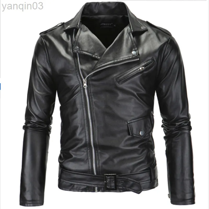 Spring herfst Nieuwe weelderige motorfiets Men Jacket Slim Fashion Rapel Zipper Europeaan en Amerikaanse pure kleur Men's Leather Nieuw L220801