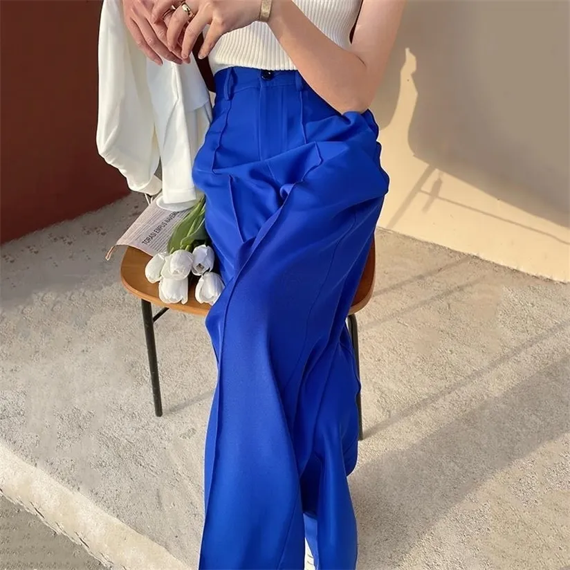 Niebieskie Spodnie dla Kobiet Wysokiej Talii Wiosna Lato Cienkie Dorywczo Damskie Styl Luźny Solidna Moda Kostium Kobieta 220325