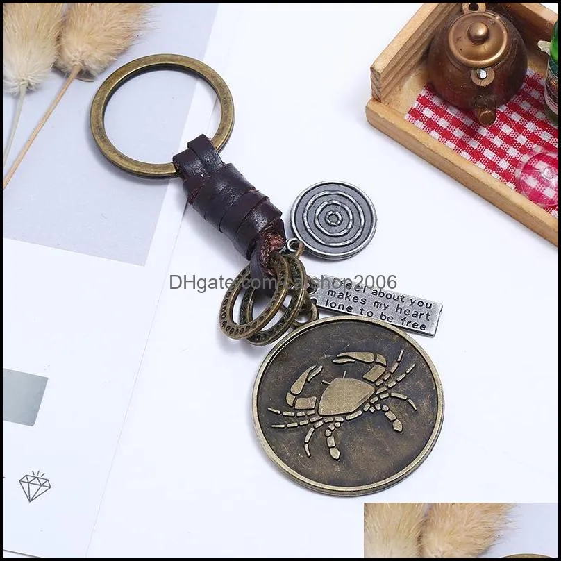 Zodiac Sign Keychains for Men Women Genuine Real Leather 12 Constellations Vintage Gold Color Metal Alloy Keyring Car Key Chain Holder