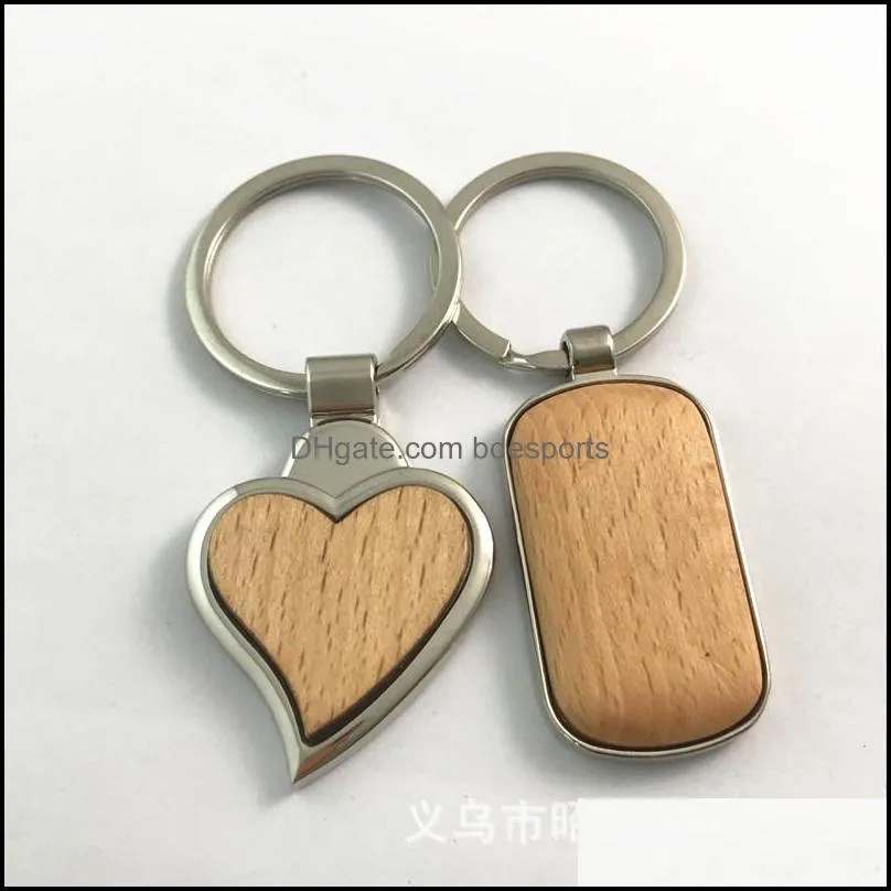 Creative Party Favor DIY Metal Wooden Keychain Key Chains Round Rectangle Heart Shape Blank Wood KeyRings Holders 100pcs 91 p2