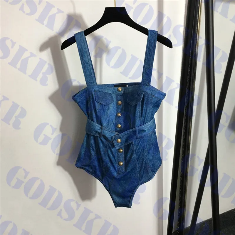 One Piece Denim Printed Bikini Top with Overall Buckle