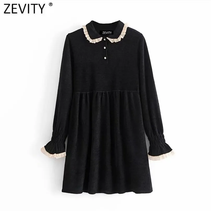 Women Sweet Lace Ruffles Black Chenille Mini Dress Femme Turn Down Collar Buttons Vestido Chic Party Clothing DS4915 210420