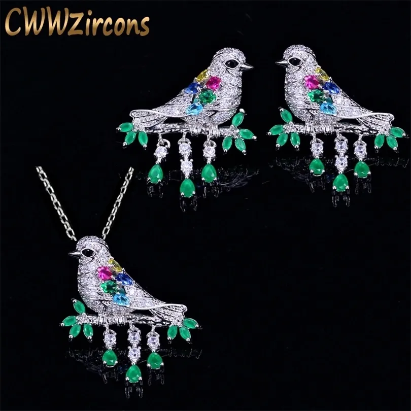 CWWZircons Hoogwaardige waterdruppel Groene CZ Crystal Necklace en oorbellen Fashion Animal Bird Sieraden Set voor vrouwen Gift T217 201222