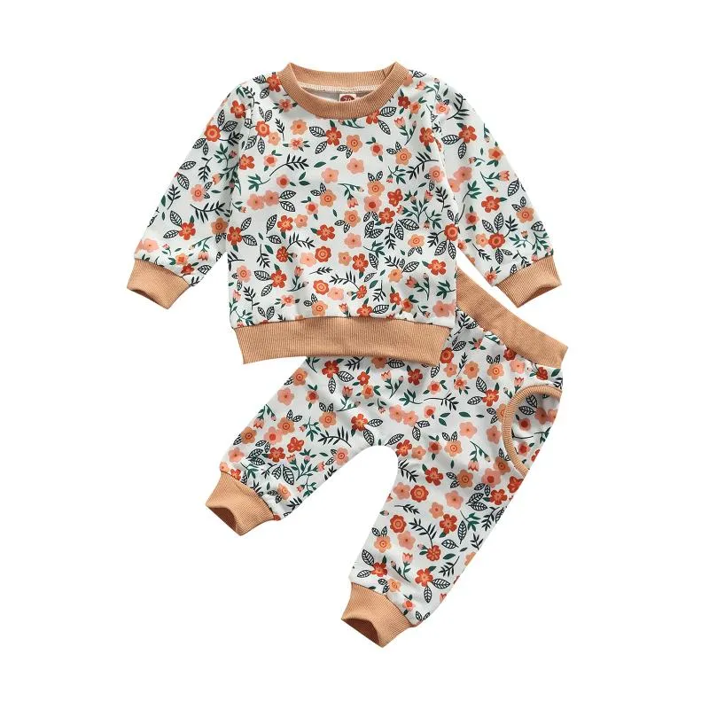 Set di abbigliamento 2022-07-17 Lioraitiin 0-24M Neonate infantili 2 pezzi Set di vestiti di moda Motivo stampato floreale Pullover con colletto tondo e pantaloniC