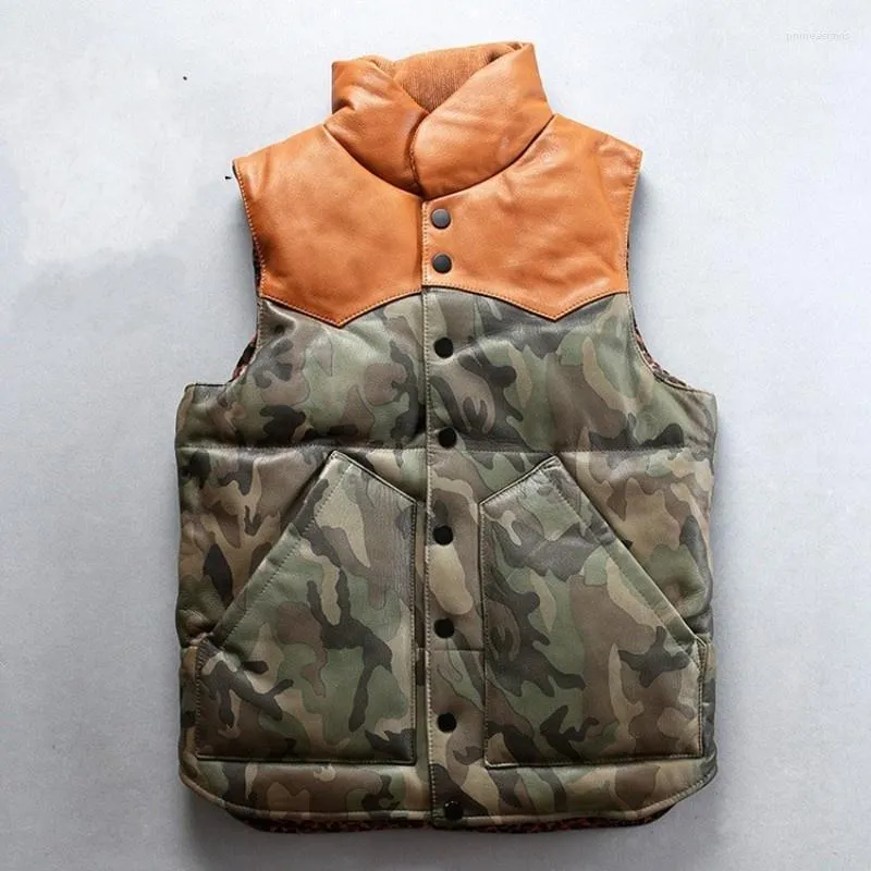 Men's Vests Warm Winter Camouflage Of Genuine Leather Down Fashion Shreds Collar Fine Fitting Male Vest Sheepskin Phin22