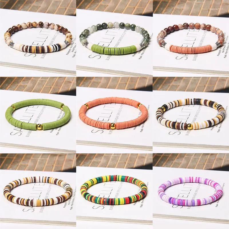 Brins de perles faits à la main femmes bracelet à breloques 6mm coloré plat rond polymère argile puce disque perles extensible mode Boho bijoux Kent22