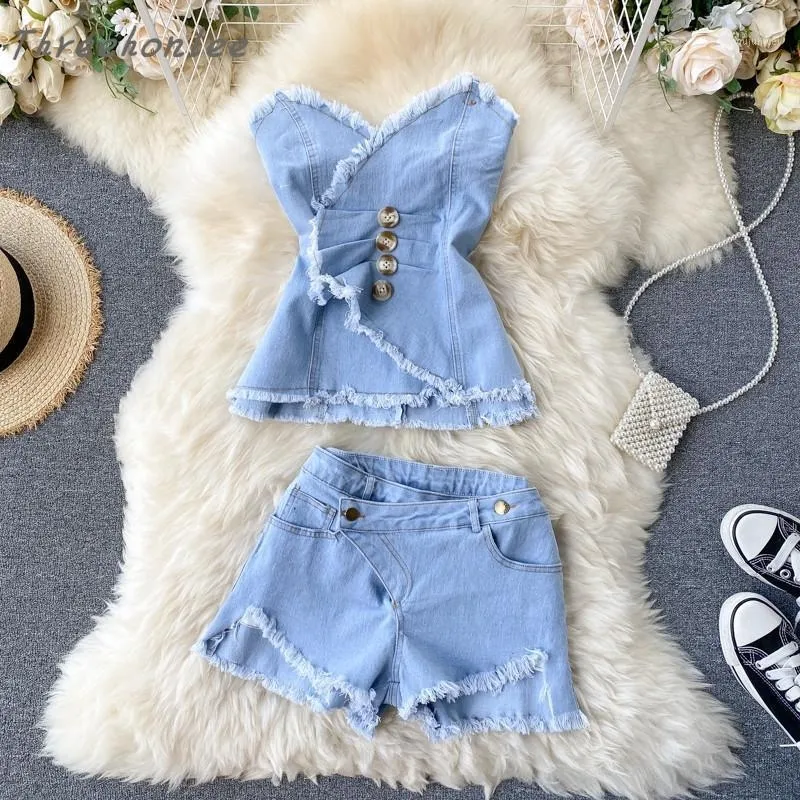 Kvinnors träningsdräkter Kvinnor Summer Fashion 2 Piece Set Tassel Strapless Jeans Topps+ Shorts Set Chic Design Woman Denim Short Pants Suit Outfit W220322