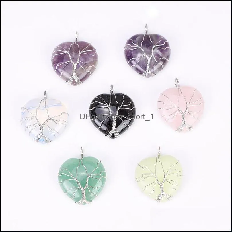 wire wrapped natural stone heart tree of life charms pendant healing chakra crystal amethyst rose quartz pendats for diy jewelry making