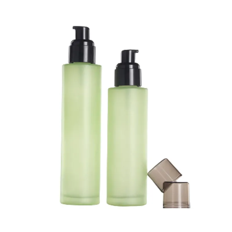 Packing Green Glass Bottle Black Lotion Spary Pump With Clear Black Cover Portable Refillable Cosmetic Packaging Container 20ml 30ml 40ml 60ml 80ml 100ml 120ml