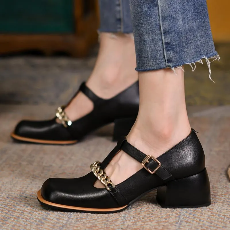 أحذية أزياء النسخ 2022 Fashion Women Spring Summer Summer High High Cheels Highine Leather Pumps Ladies Square Square Toes Mary Jane Black Wine Red