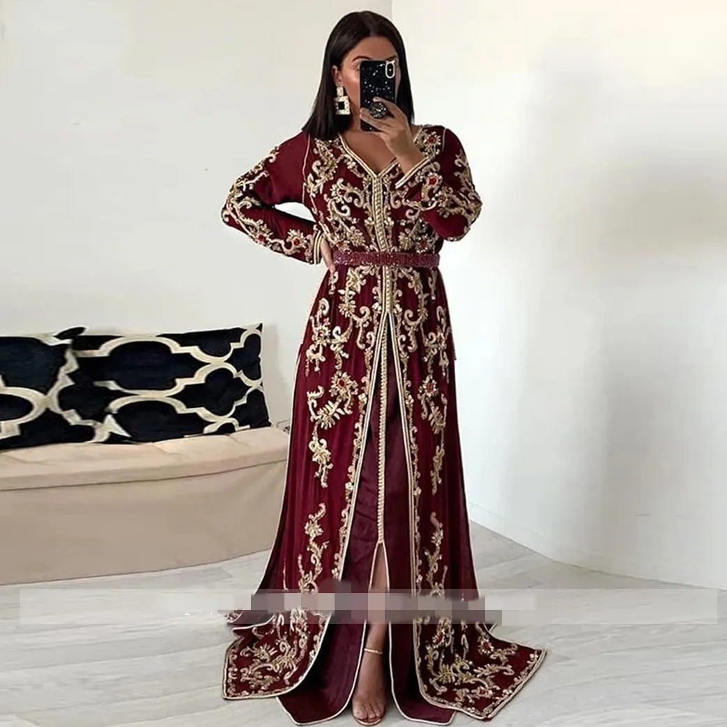 بورجوندي قفطان المغاروكاس مساء العباءات للنساء فساتين السهرة الذهب مطرزة طويلة الأكمام مسلم vestidos فساتين الجلباب دي سواريه