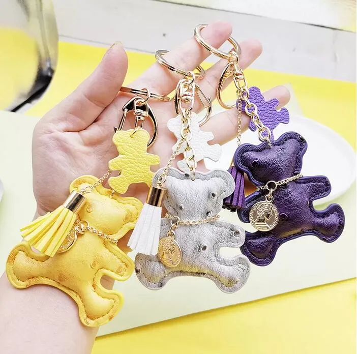 Teddy Bear Key Chans Design Animal Tassel Keychains Anel Charms PU Celas de couro Chaves de carro Pingente Pingente Pingente Acessórios para Keyring Presentes de joias para amante