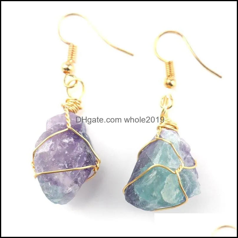 wire wrapped natural crystal rough stone irregular raw ore dangle earrings energy healing gemstone amethyst quartz earrings women