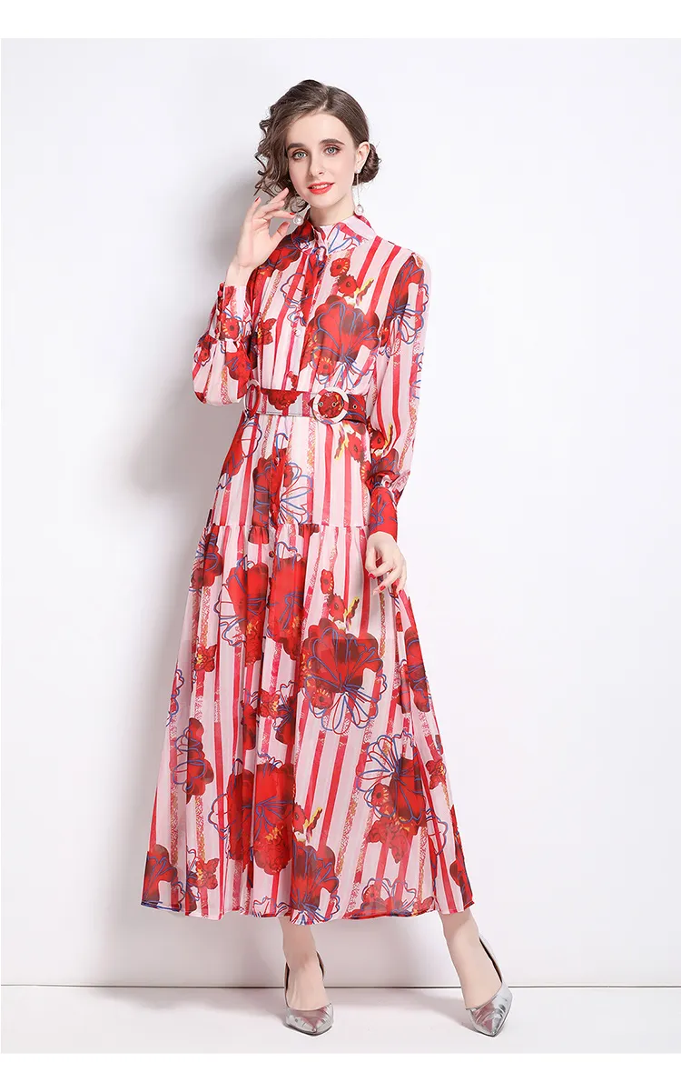 2022 Spring Fashion Chiffon Flower Print maxi dress with Stand Collar, Lantern Sleeves, and Single-breasted Belted 2022 Spring Fashion Chiffon Flower Print maxi dress with Stand Collar, Lantern Sleeves, and Single-breasted Belted