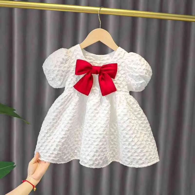 Bowknot Mabon Girls Dressings Детки летние платья с коротким рукавом новорожденное детское платье с ореологическим вырезом летние платья принцессы для девочек повседневные G220518