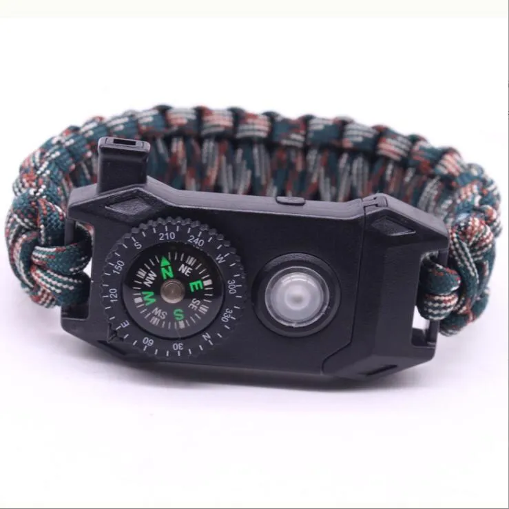 Bracelets de survie en plein air pour hommes réglables d'urgence 6 en 1 Bracelet paracorde tactique avec SOS Led Light Compass Whistle kit de sauvetage en plein air pour la randonnée en camping