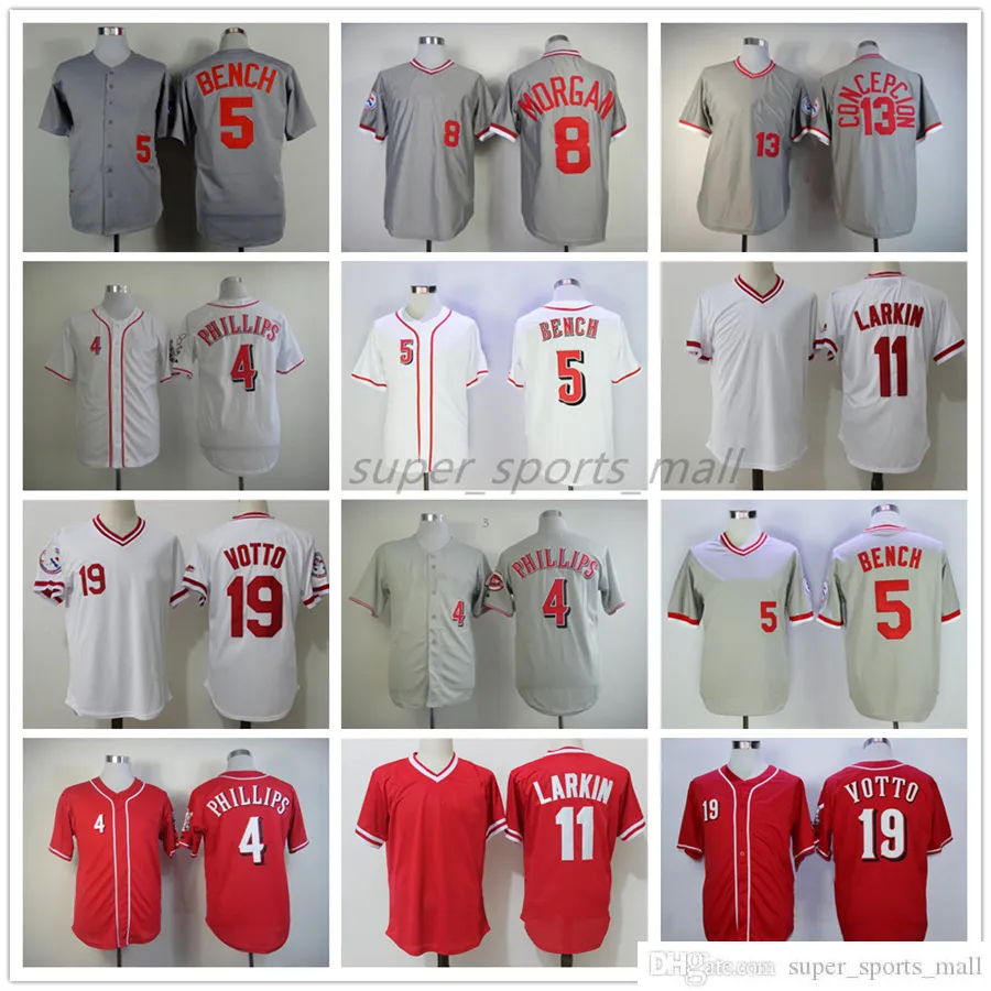 빈티지 칼리지 야구는 저지 4 브랜든 필립스 13 Dave Concepcion5 Johnny Bench 8 Joe Morgan 11 Larkin 19 Votto Jersys 1969 1976 남성 여성 청소년 크기 S-xxxl