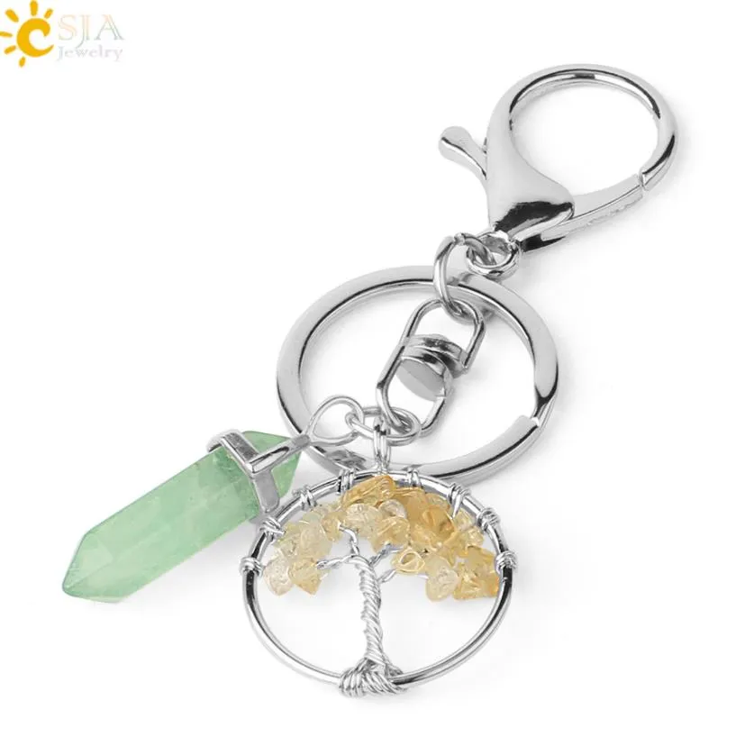 natural stone tree of life key rings green fluorite hexagonal prism keychains healing rose crystal car decor keyholder sports2010