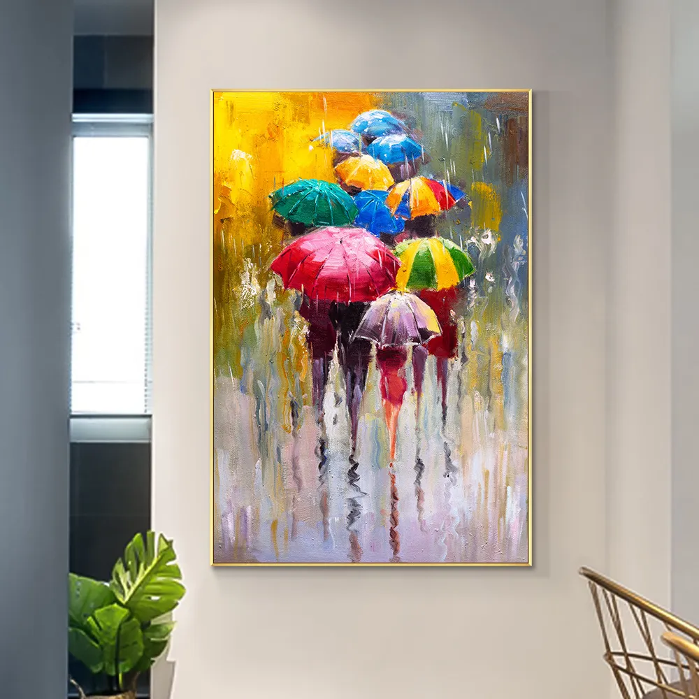 Streszczenie malarstwo na płótnie ludzi w deszczu z kolorowym plakatem parasoli i drukowaniem sztuki ściennej obrazu do dekoracji domowej