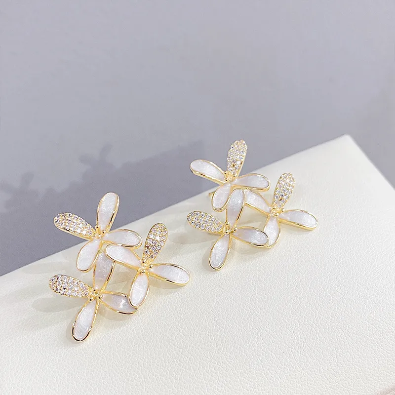 S925 silver needle micro-set zircon shell daisy petal stud earrings women Korean plated 18k gold high quality earrings gift jewelry