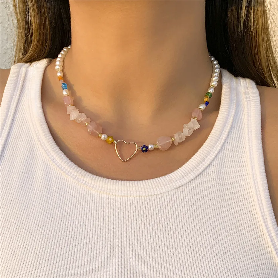 Zoet roze onregelmatige natuursteen ketting ketting vrouwen meisjes romantische handgemaakte hart hangende choker esthetische nek sieraden