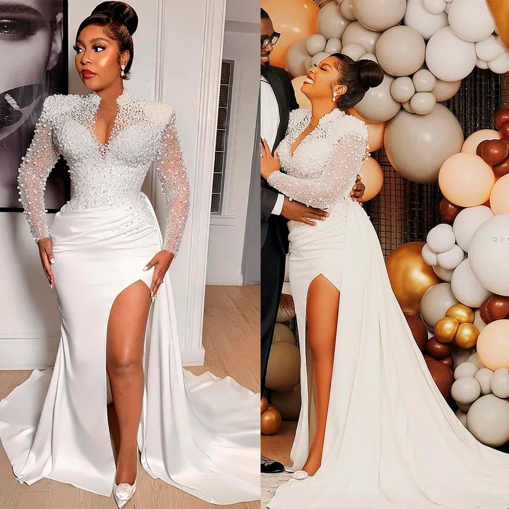 Abiti da sposa sexy a sirena con spacco frontale per le donne africane con scollo a V maniche lunghe Perle pesanti Plus Size Abiti da festa da sposa Robe DE Matrimonio