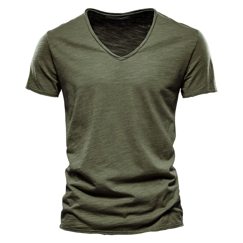 Summer Vneck Tshirt Men 100% Combed Cotton Solid Short Sleeve T Shirt Men Fitness Undershirt Male Tops Tees 220704