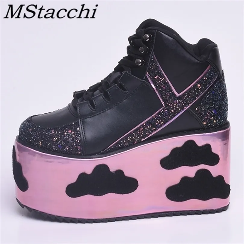 MSTACCHI Women Plataforma plana Sapatos femininos saltos altos cunhas Laceup Sapatos casuais Mulher Real Leather Tornozelo para Sapatos Mujer 201105