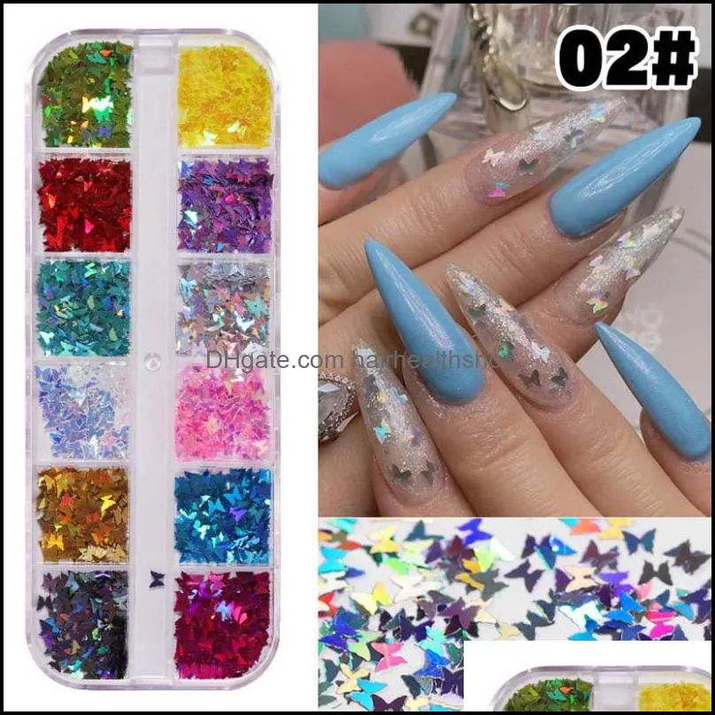 3d holographic butterfly nail glitter 12 colors/set splarkly nail sequins flake acrylic manicure paillettes ultrathin face body