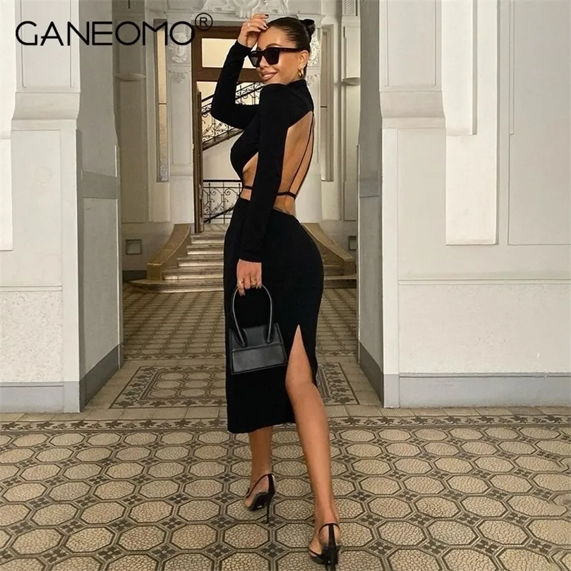 Elegant Backless Long Sleeve Slit Bodycon Dress for Women's Black Cut Out Sexy Party Evening Midi Dresses Autumn Woman Clothes 220510