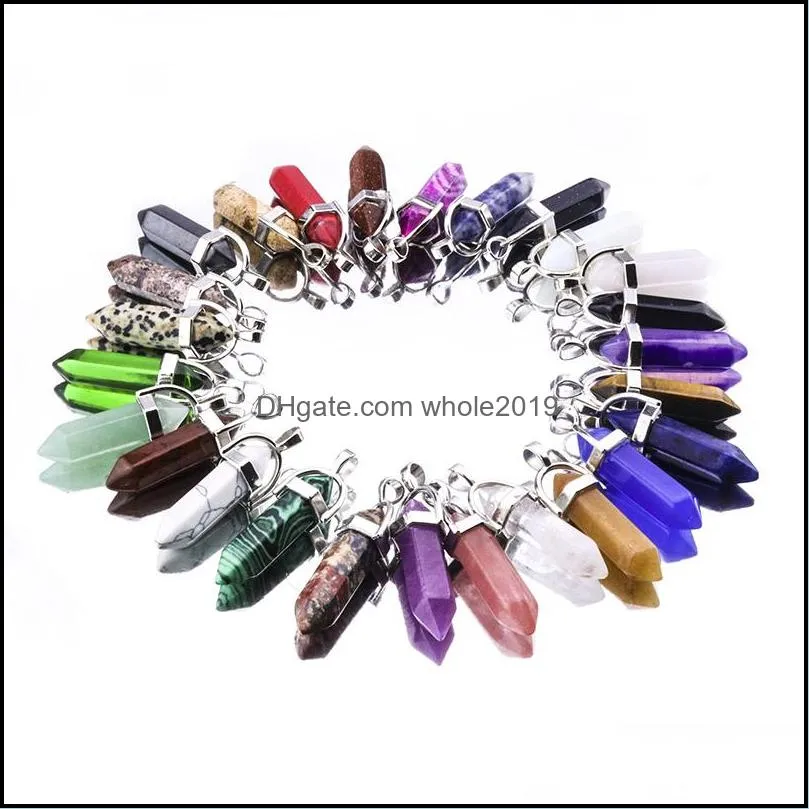 30colors bullet hexagonal crystal pink purple quartz natural stone pendant chakra druzy necklace with 50cm stainless steel chain