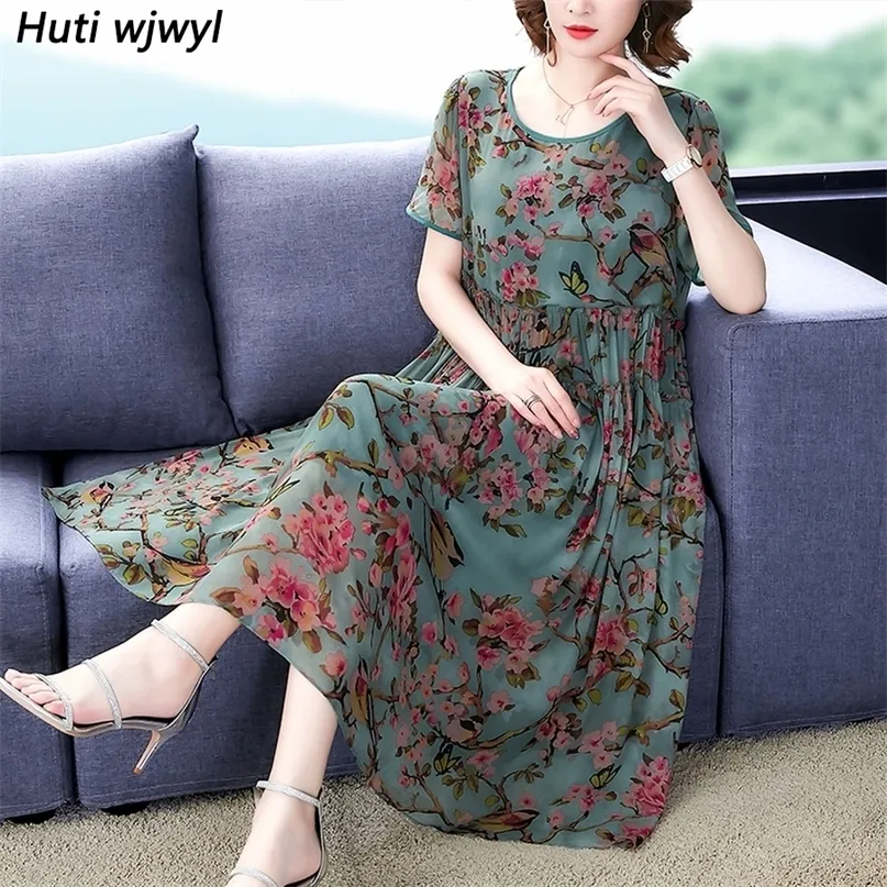 Vintage Floral Chiffon Boho Midi Dress Summer 4XL Plus Size Print Beach Casual Sundress Elegant Women Bodycon Party Vestido 220516