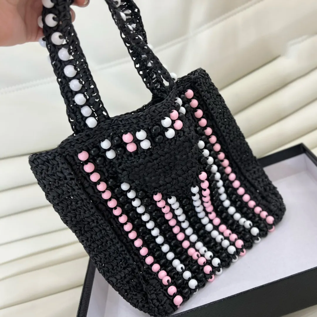 Classic Colorful Wooden Balls Handbags Beach Bags Italy Brand Summer High Quality Shopping Bag Fashion Triangle Sign Women Straw Totes Luxury Designer