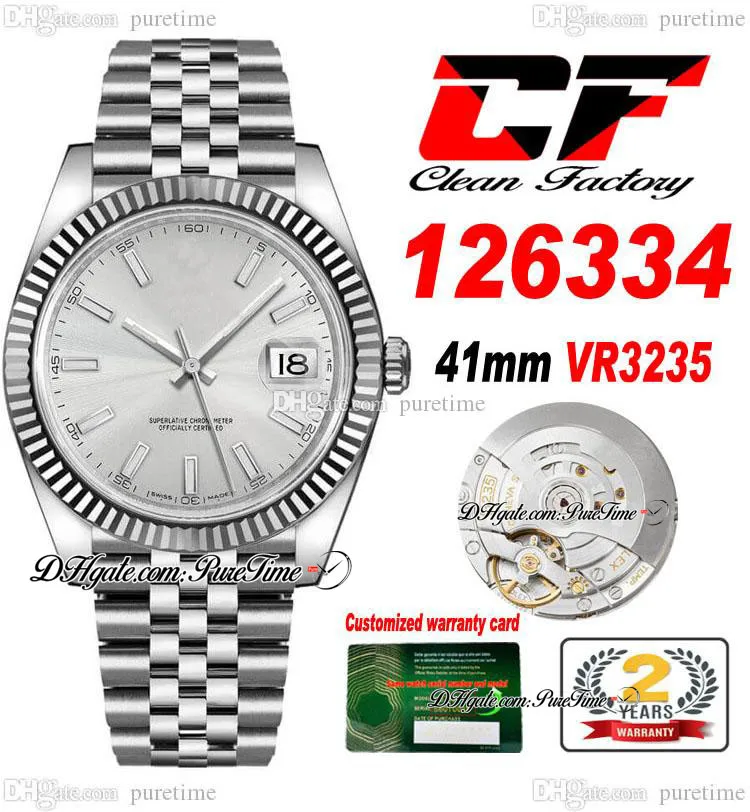 Clean CF Date 41mm 126334 VR3235 Montre Homme Automatique Cadran Sivler Marqueurs Bâton 904L JubileeSteel Bracelet Même Carte Série Super Edition Montres Puretime F6