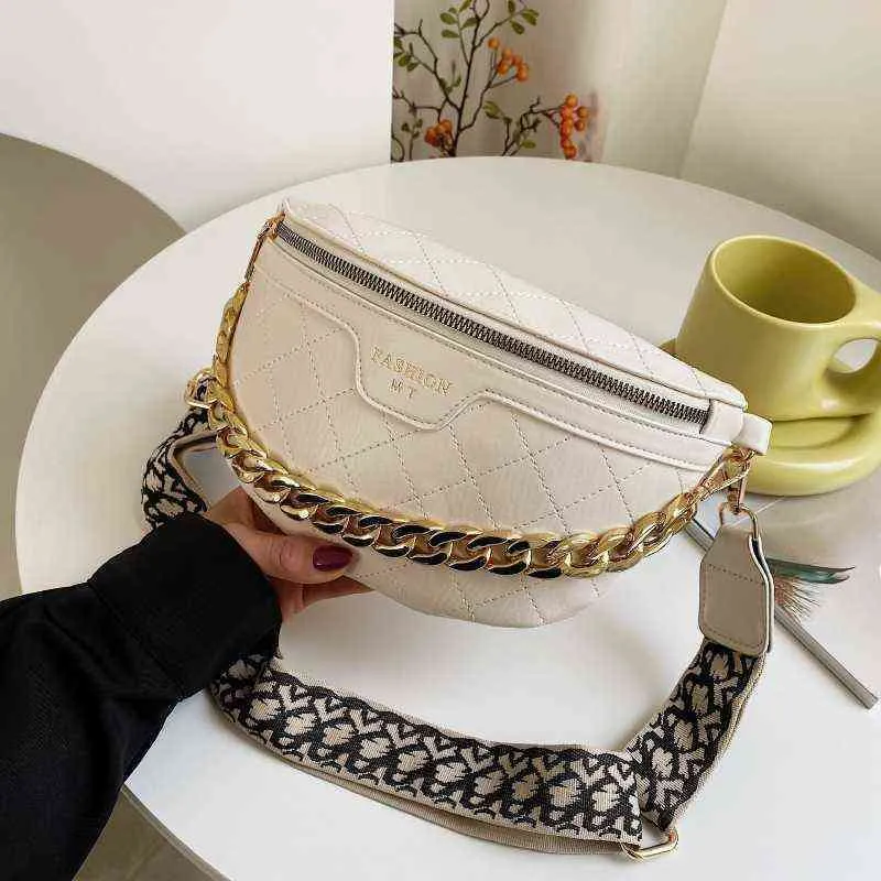 Diamond Lattice PU Leather Waist Bags For Women Luxury Thick Chain Fanny Packs Female Pack Wide Strap Crossbody Belt Bag 220527