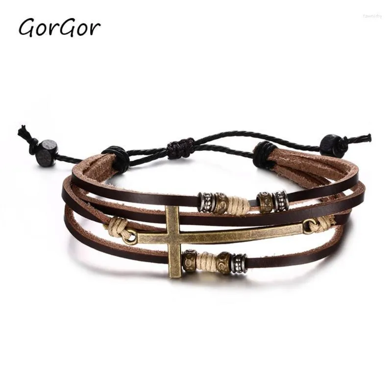 Beaded Strands GorGor Arrivals Vintage Multilayer Leather Braided Wrap Cross Drawstring Bracelets For Fashion Men Jewelry Gift BL-150 Fawn22