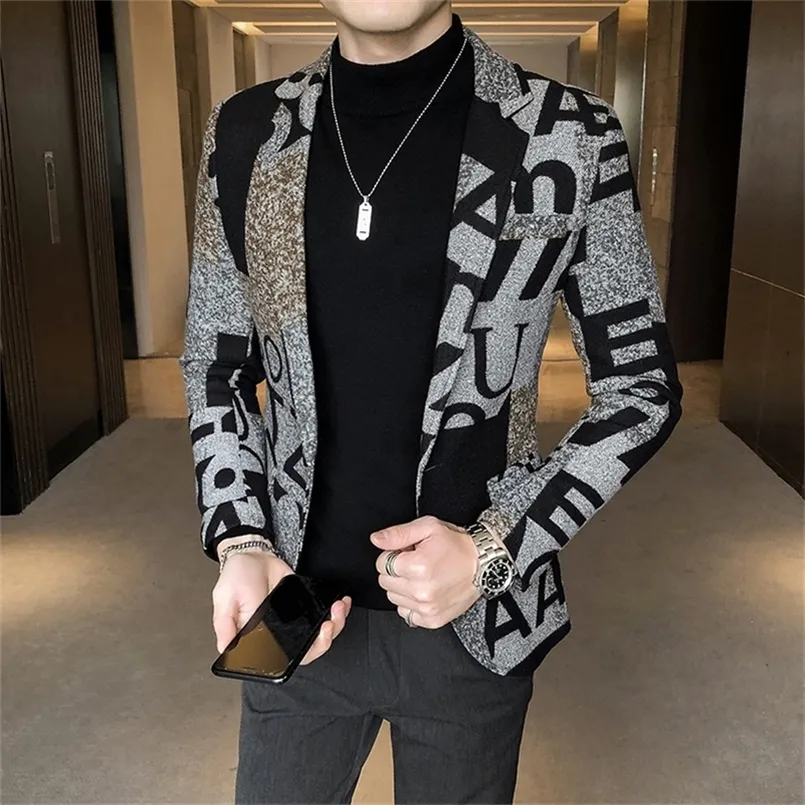 5XL Brand Clothing Men Fashion Suit Party Coat Casual Slim Fit Jackets Buttons Suit Letter Print Painting Blazers Male 220504