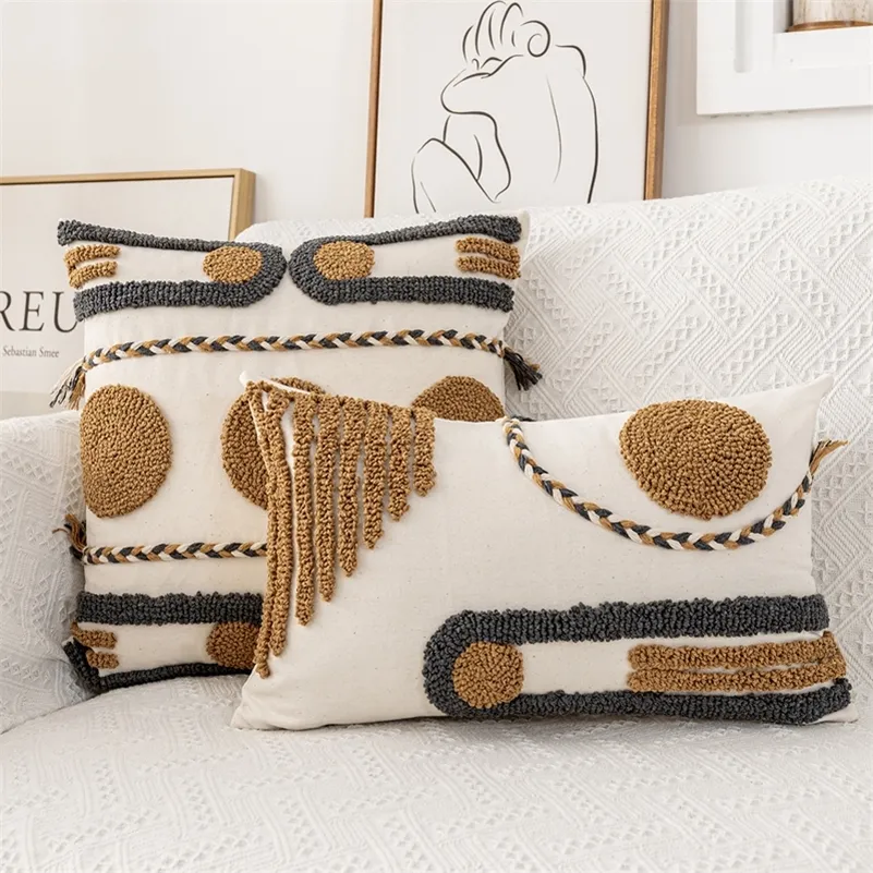 Pillow Case Boho Style Cushion Cover 45X45Cm 30X50Cm Cotton Pillow Coffee Loop Tufted for Home Decoration Natural Living Room sofa 220714