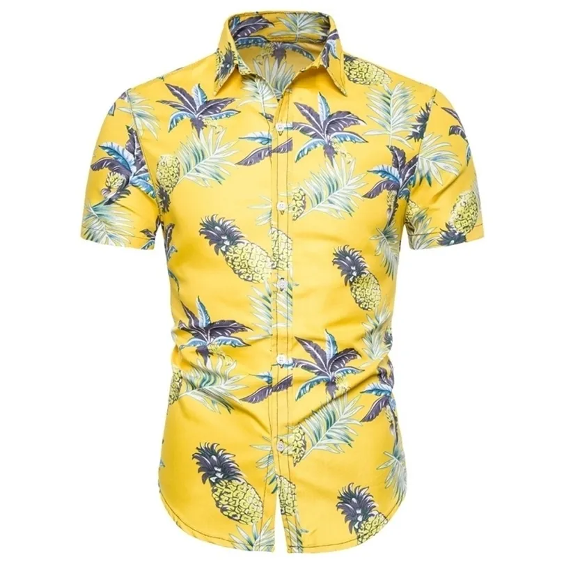 Gorąca moda mężczyzn Summer Hawaiian Bawełna żółta krótkie rękaw Podstawowa koszula Bluzka Fit Slim Printed Top Men Shirt Nowe przybysze