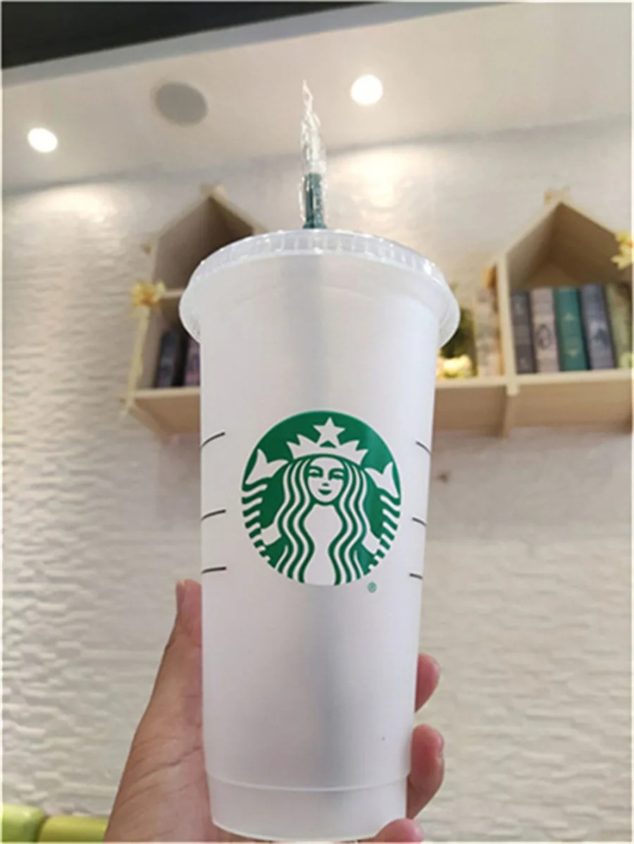 Starbucks Mermaid Goddess 24oz / 710ml Copo de plástico reutilizável transparente para beber copos de fundo plano em formato de pilar com tampa de palha