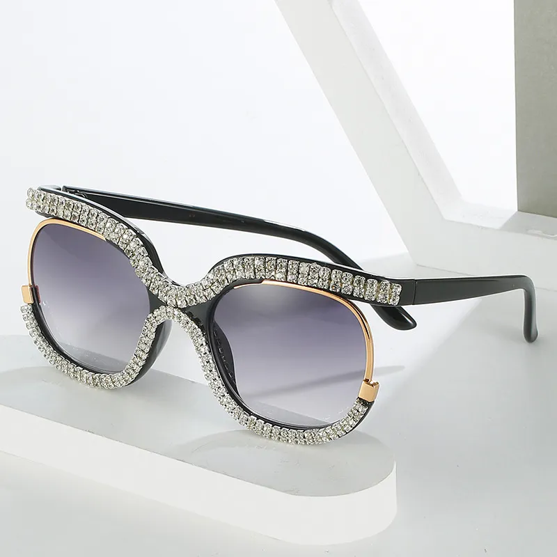 2022 luxe Patchwork femmes lunettes de soleil ouvert plein cadre incrusté strass brillant lunettes de soleil