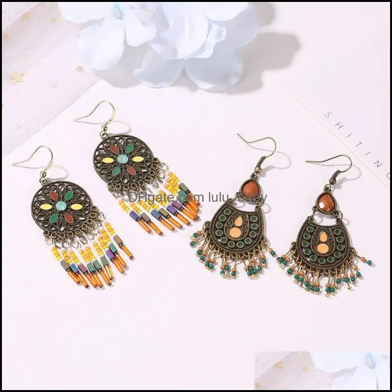 ethnic style jewelry color carved multi-layer rice bead tassel earrings female retro court hollow pattern earrings